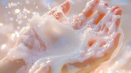 Soap foam in the hands of a girl close-up.の写真素材
