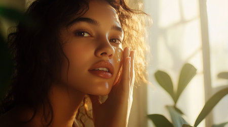 Portrait of beautiful young woman with long curly hair touching her face.のeditorial素材