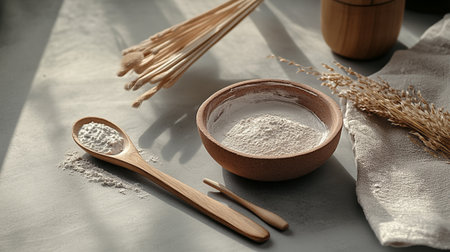 Bowl with flour and wooden spoons on table, closeupの写真素材
