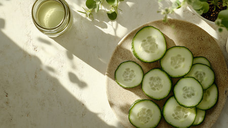 Cucumber slices on a plateの写真素材