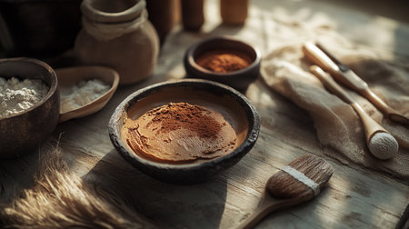 Close up of clay bowl with cocoa powder on wooden table background.の写真素材
