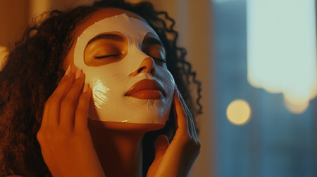 beautiful african american woman with mask on face at homeの写真素材