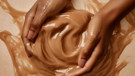 close up of woman's hands with chocolate on beige background.