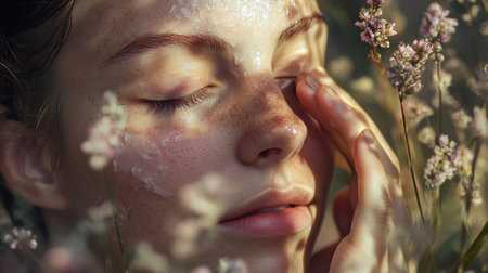 Portrait of a girl with freckles on her face in natureのeditorial素材