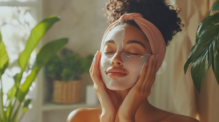 Beautiful african american woman with towel on head applying facial mask at homeの写真素材