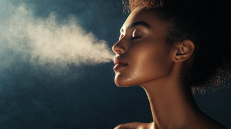 Beauty portrait of young african american woman with smoke on dark backgroundのeditorial素材