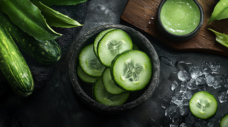 Cucumber juice in glass and fresh cucumber slices on dark background, top viewの写真素材