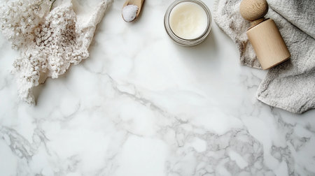 Flat lay composition with spa accessories on white marble background. Space for textの写真素材