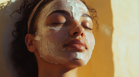 Portrait of a young beautiful woman with a cosmetic mask on her face.の写真素材