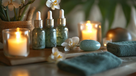 Beautiful spa composition with essential oils on wooden table, closeup