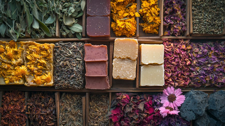 Assortment of natural herbal soap in wooden box. Top view.の写真素材