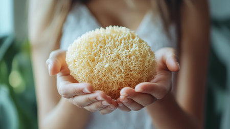 Woman holding natural sponge in her hands, closeup. Body care concept
