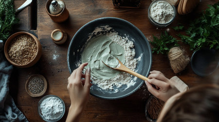 Top view of female hands mixing ingredients for dough in bowl on wooden table