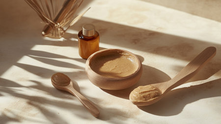 Spa still life with body scrub and essential oil in wooden bowl