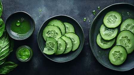 Sliced cucumber in bowl on dark background, top viewの写真素材