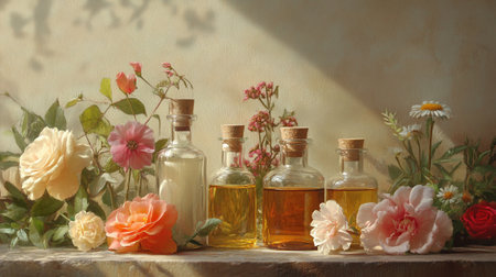 Essential oil in small bottles with flowers on a wooden shelf.の写真素材