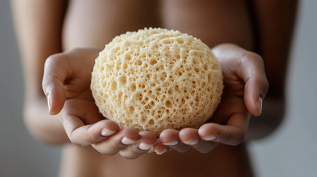 Close up of woman's hands holding natural loofah sponge.の写真素材