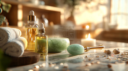 Spa composition with aroma oil on table in bathroom, closeup