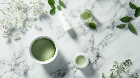 top view of natural organic cosmetic products with white flowersle surface