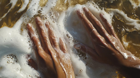 Hands washing in soap suds. Close-up. Cleaning concept