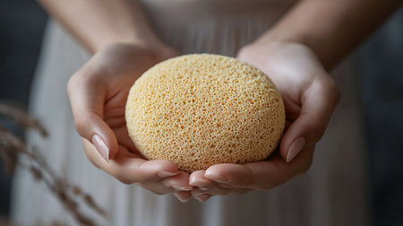 Woman holding natural loofah sponge, closeup. Body care