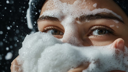 close up view of young woman in winter clothes washing face with soapの写真素材