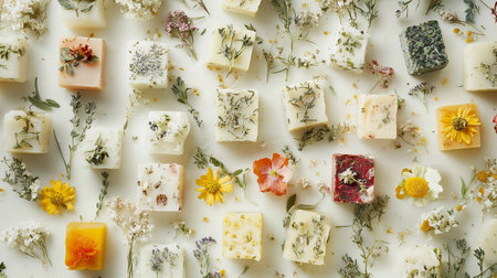 Natural handmade soap with flowers on white background. Flat lay, top view.の写真素材