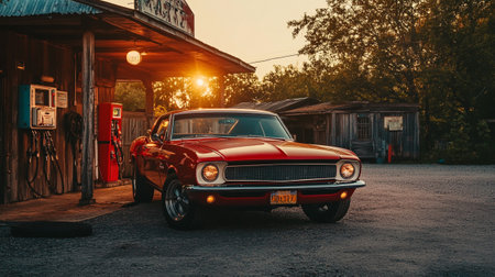 Vintage american car at a gas station in the evening.