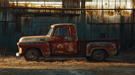 Old rusty pickup truck in front of an abandoned building, retro toned