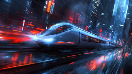 High speed train with motion blur in the city.3d renderingの写真素材