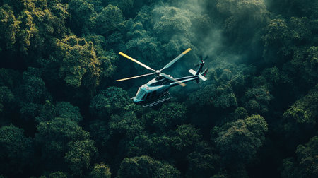 Helicopter in the forest. Aerial view. 3d rendering