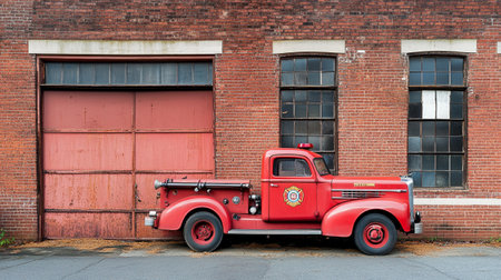 Old red fire truck parked in front of an old brick building.の写真素材