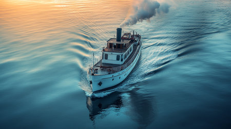 Passenger ship in the sea at sunset time. View from above.