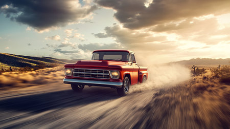 Vintage car on a rural road at sunset. 3d rendering