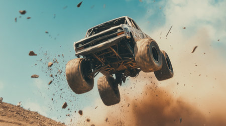 Racing off-road vehicle overcomes the difficult terrain on a sunny dayの写真素材