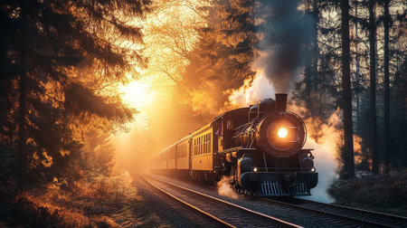 Vintage steam locomotive in the foggy forest at sunrise.