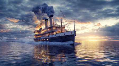 Passenger ship in the sea at sunset. 3D render.