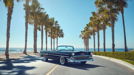 Vintage car on beach with palm trees and blue sky background.