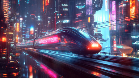 High-speed train in the city at night. 3D rendering