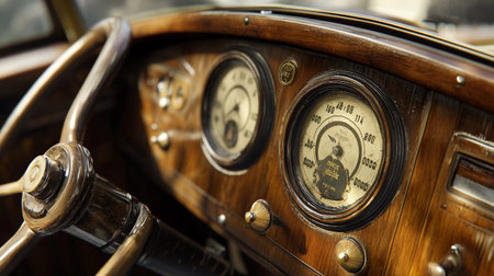 Steering wheel and dashboard of a vintage car, close-upの写真素材