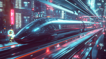 High speed train in the city at night. 3D Renderingの写真素材