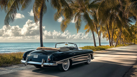 Classic american car on the road near the ocean. 3d render