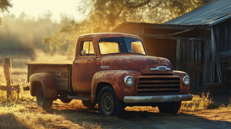 Abandoned old truck in the field at sunset. Retro style.の写真素材