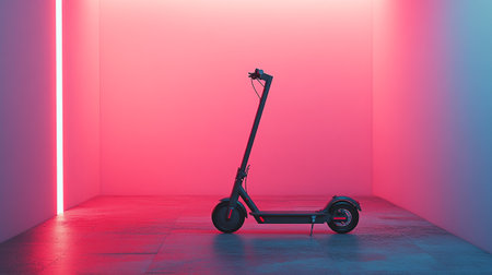 Modern electric scooter in bright room with neon light. 3D Renderingの写真素材