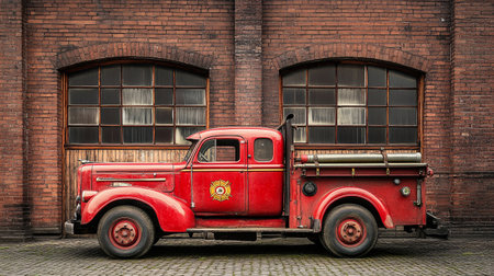 Old red firetruck standing in front of an old brick building
