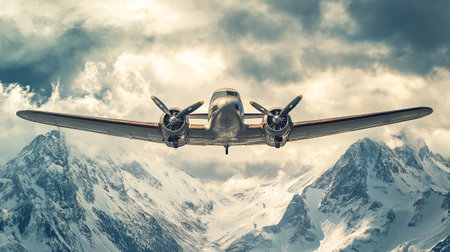 Airplane in the clouds against the background of mountains. 3d renderingの写真素材