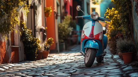 Vintage scooter parked on a cobblestone street in the old townの写真素材