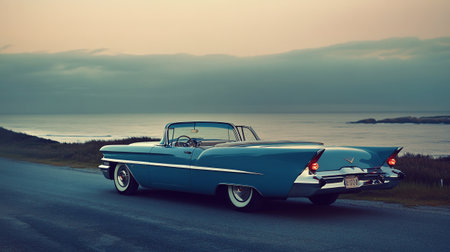 Vintage american car on the road at sunset. Retro style.