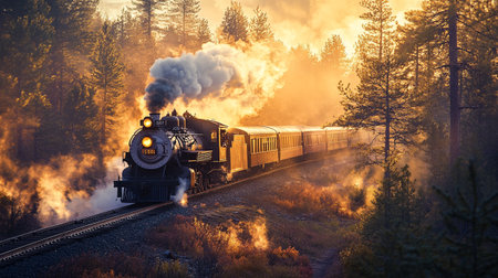 Vintage steam train on the railroad in the forest at sunset.