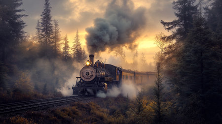 Steam locomotive in a foggy forest at sunset. 3d rendering